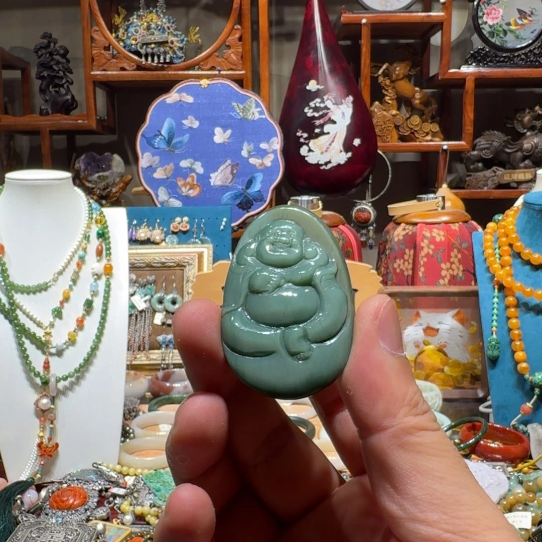 和田玉未镶嵌吊坠(不含链)鸭蛋青佛公全猫眼吊牌