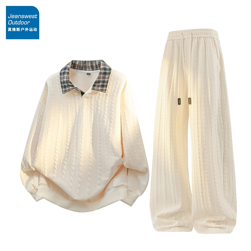 真维斯户外运动衣服套装男美式提花肌理感长袖POLO衫休闲裤两件装