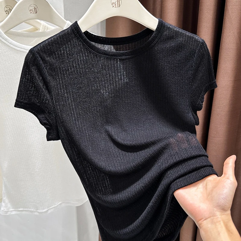 气质黑色薄款针织圆领短袖T恤2025夏季新款极简风 修身显瘦上衣女