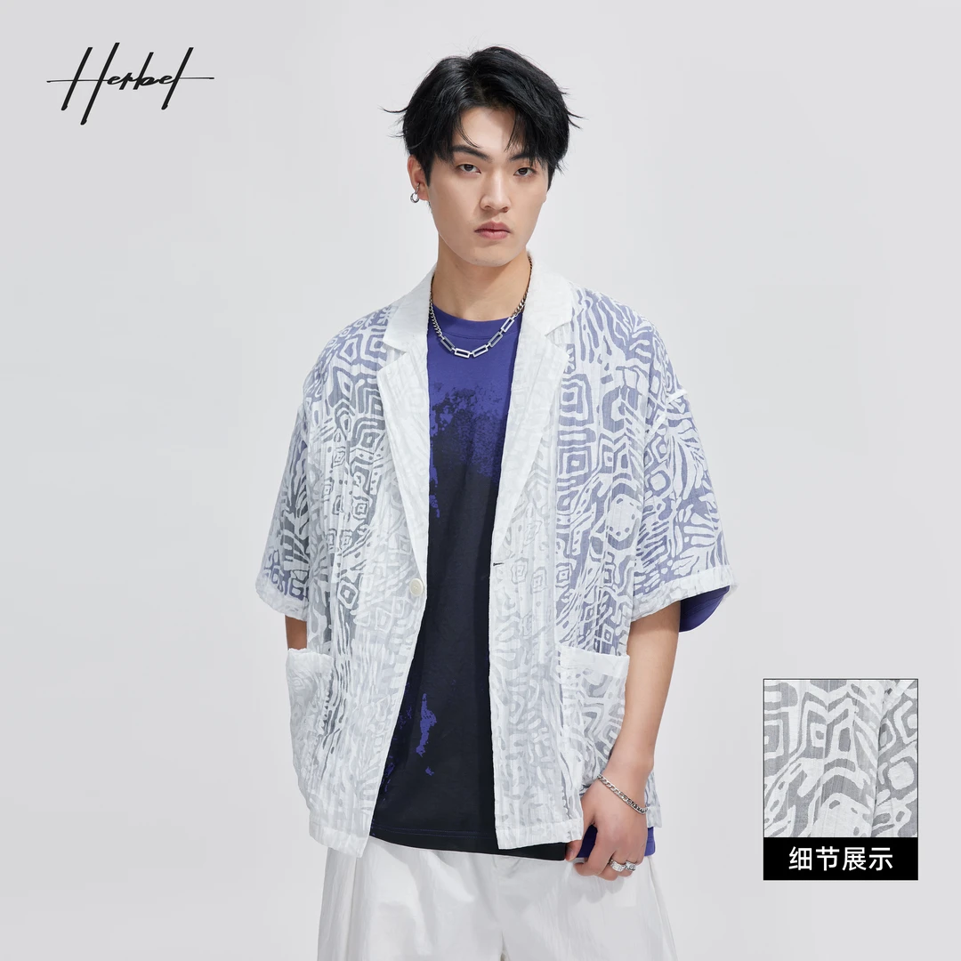 HERBEL/黑白2025春夏上新短袖西装休闲薄时尚西服宽松纯色