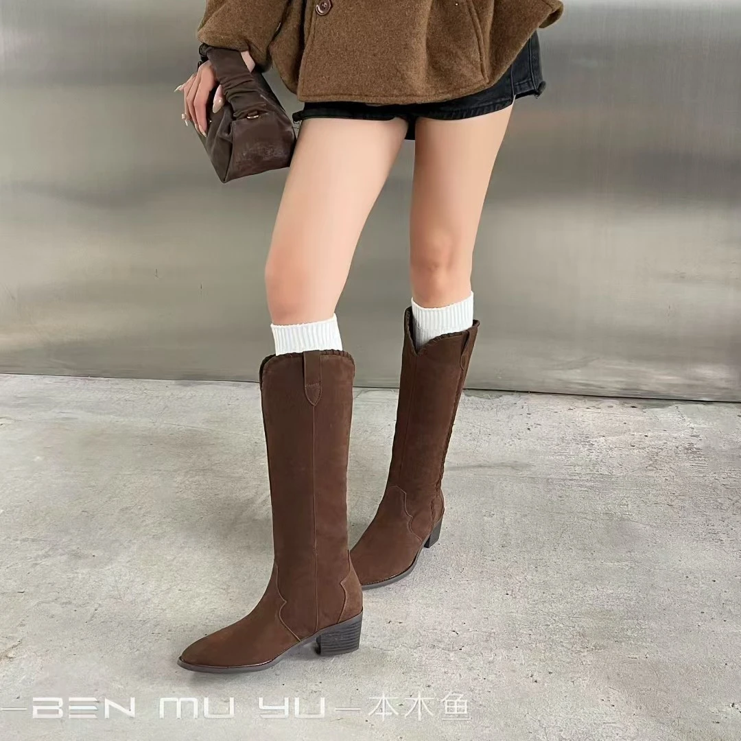 欧货复古尖头高筒长靴女2025秋新款磨砂皮粗跟显瘦西部靴V口女靴