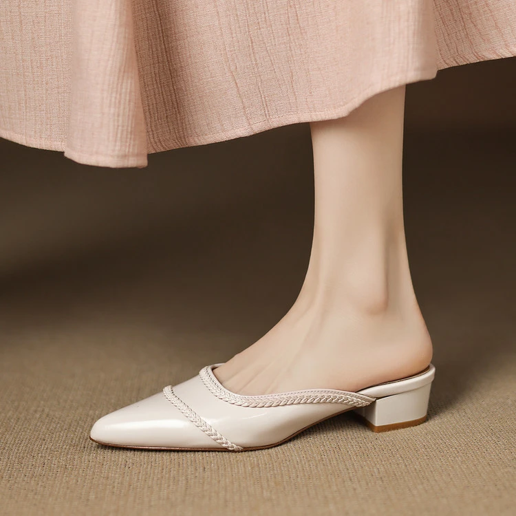 羊皮3cm包头拖鞋尖头粗跟凉拖鞋外穿半拖鞋无后跟百搭小众设计感