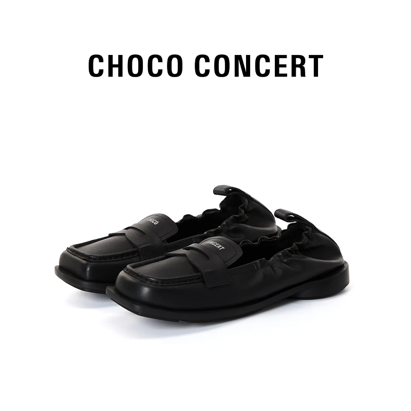 CHOCO CONCERT方头鞋秋季流光风新款真皮百搭休闲芭蕾褶皱乐福鞋