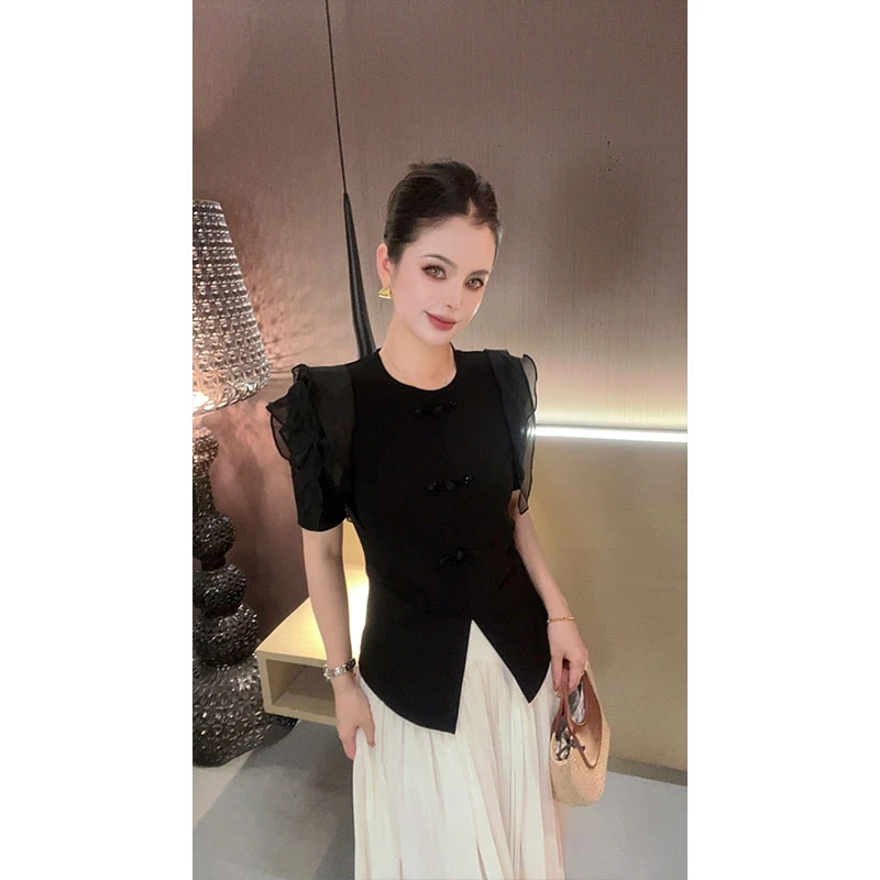 （特价）重工圆领国风盘扣袖子拼纱T恤TX30731