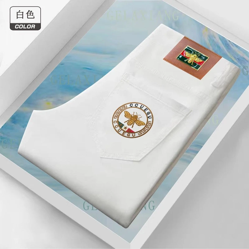 G866轻奢小蜜蜂牛仔裤秋冬款修身小直筒白色百搭男牛仔裤时尚牛仔