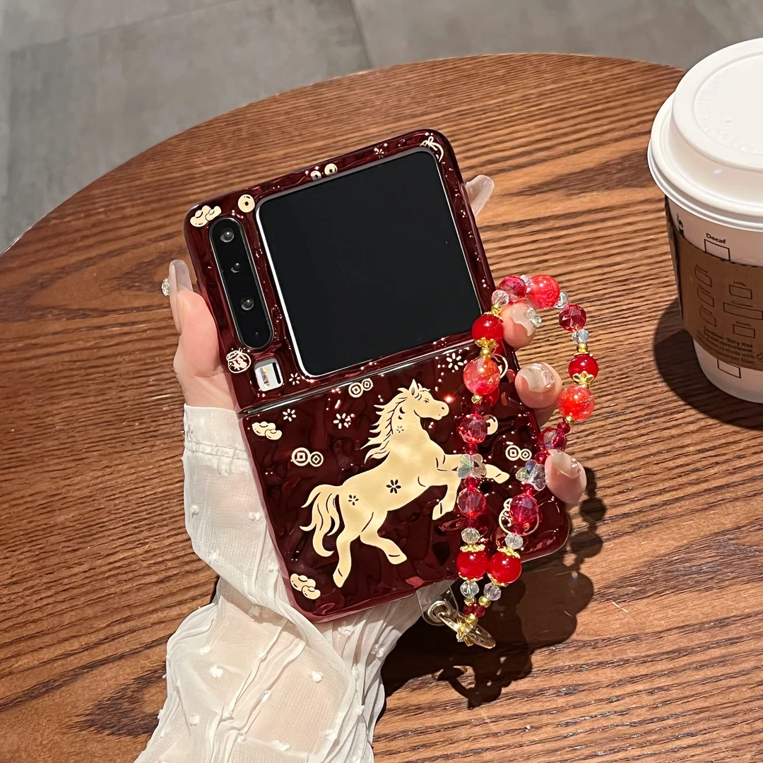 适用华为pura x手机壳典藏版折叠屏新年红色褶皱马年链条创意女款