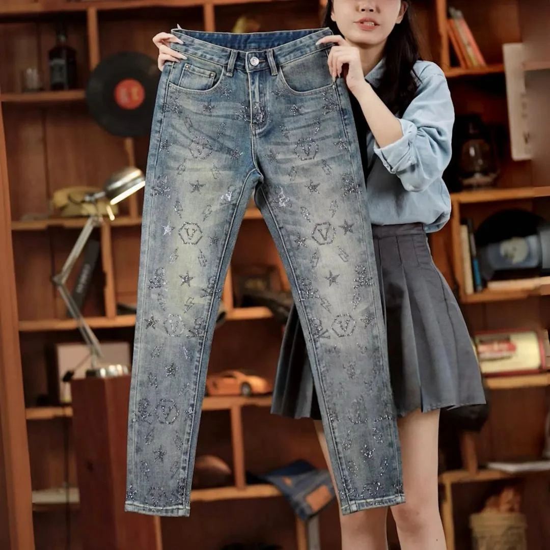 秋季设计师款男士牛仔裤高端个性烫钻欧货复古修身小直筒弹力潮牌