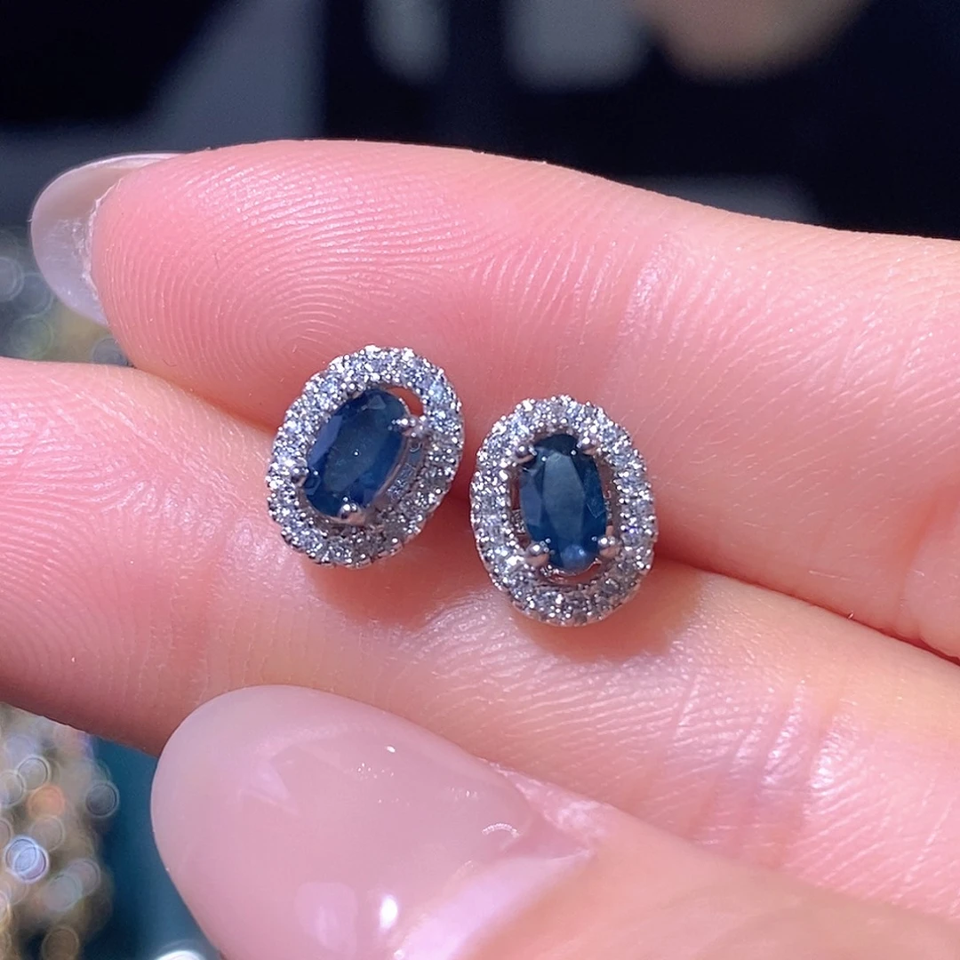 耳饰蓝宝石银S925镶嵌天然蓝宝石