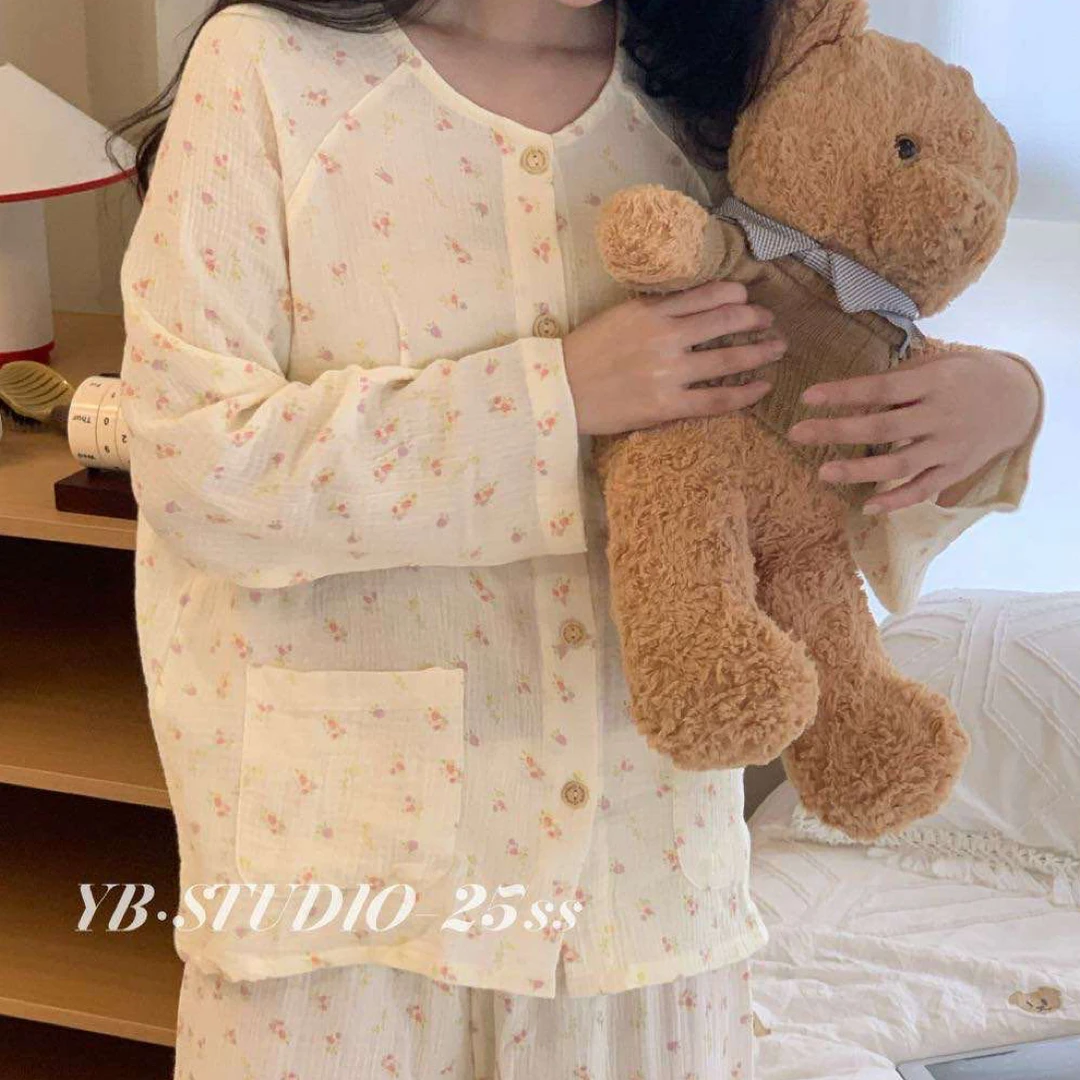 3032 女士纯棉双层纱布长袖宽松V领春夏薄款睡衣家居服