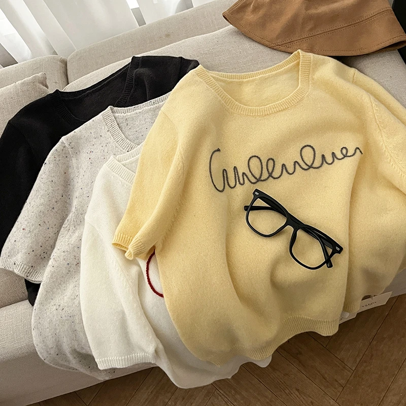 1CoMo新款 百搭秋季新款短袖时尚羊毛字母设计韩版通勤针织衫8916