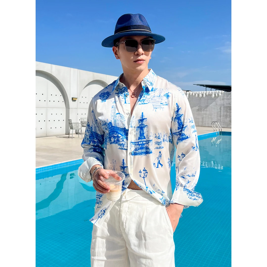 言吉男装高端新品休闲真丝衬衫夏季新款时尚桑蚕丝衬衣YJ55073