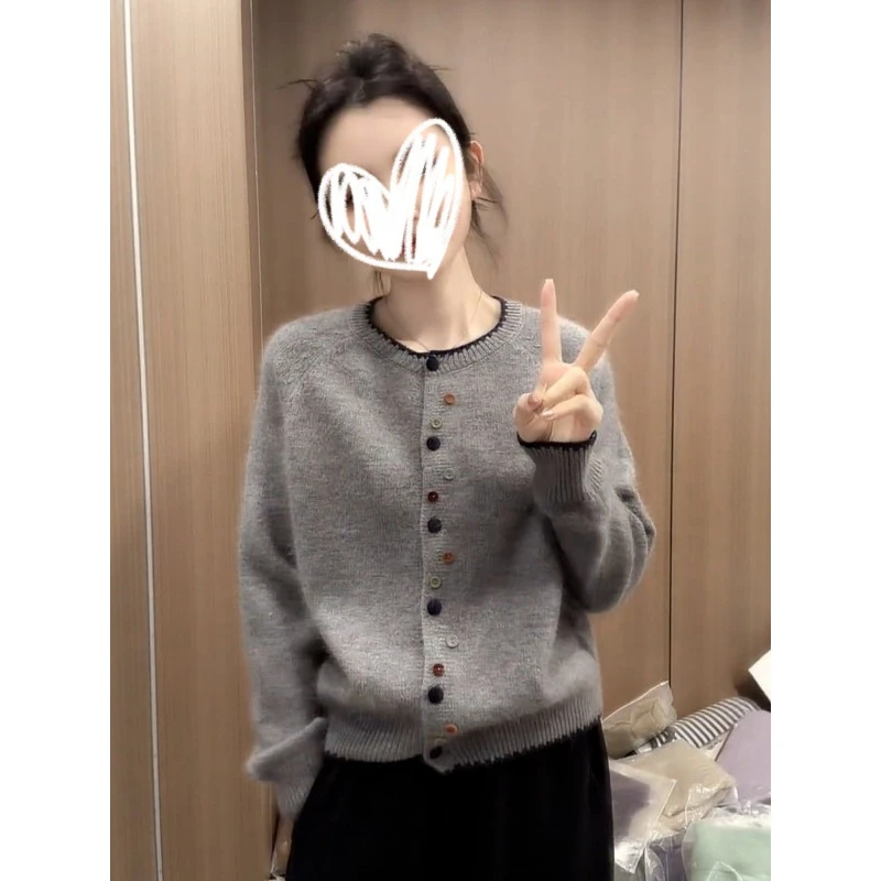 韩系慵懒风彩色纽扣针织开衫上衣女秋冬新款宽松气质毛衣外套