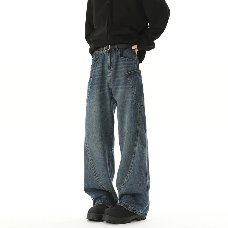 美式复古拼接弯刀牛仔裤男款春季潮牌高街做旧宽松阔腿拖地长裤子