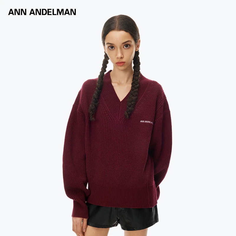 【明星同款】ANN ANDELMAN 深色含羊毛针织内搭长袖宽松V领套头毛衣