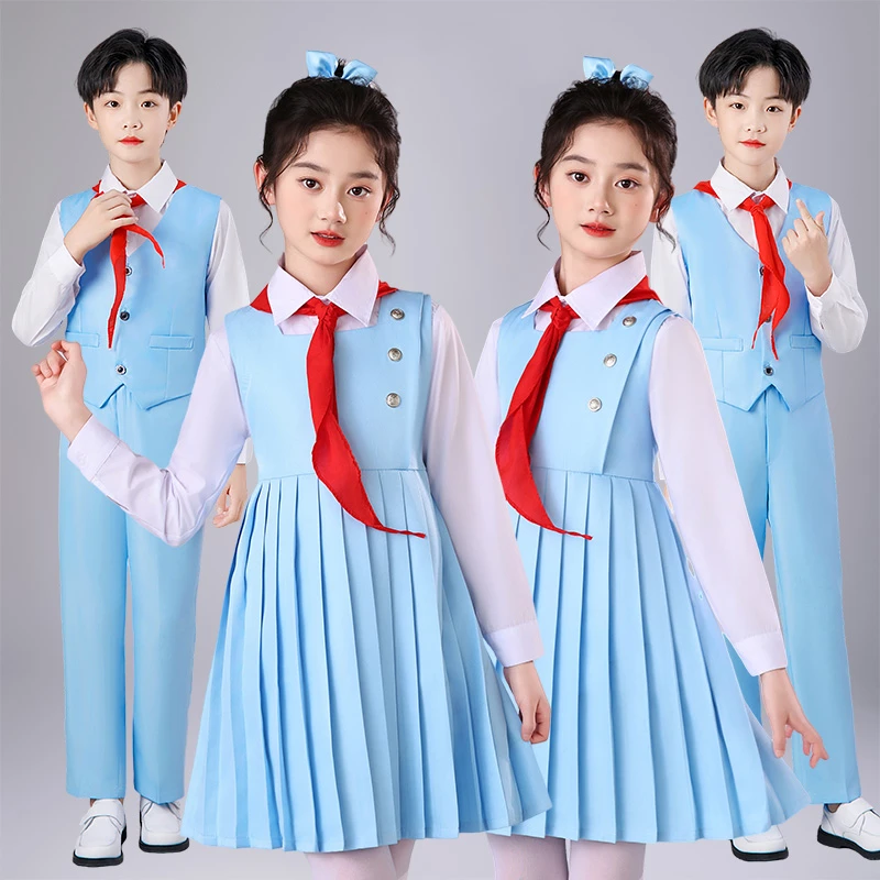 儿童合唱朗诵演出服女童中小学生爱国诗歌蓝色演讲比赛秋季礼服装