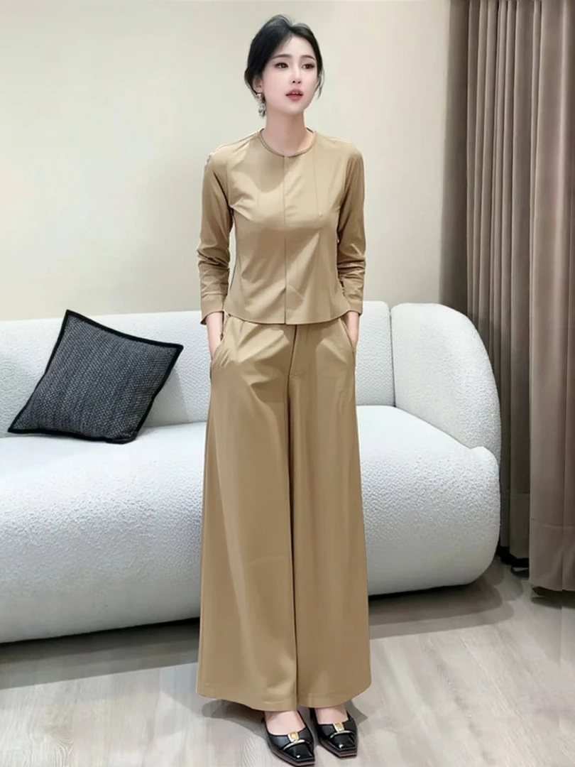 大方得体穿搭一整套巨好看高端气质小香风掐腰卡其色上衣套装裤秋