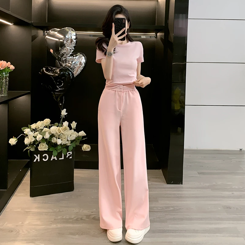 韩版显瘦2025夏季新款粉色短袖上衣阔腿裤减龄洋气休闲运动套装女