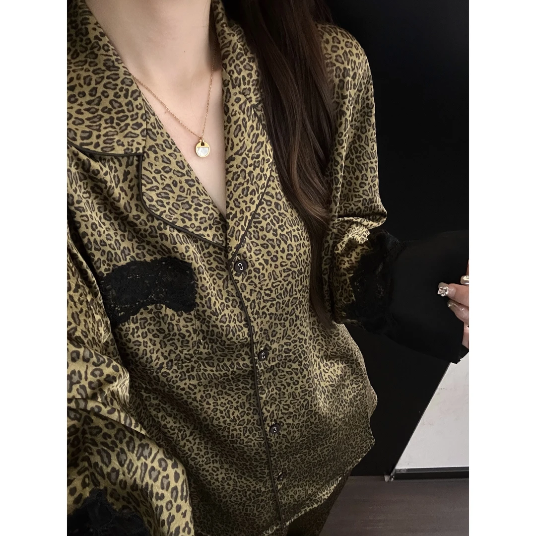 纯欲复古蕾丝豹纹冰丝睡衣女春秋季新款长袖长裤家居服套装可外穿