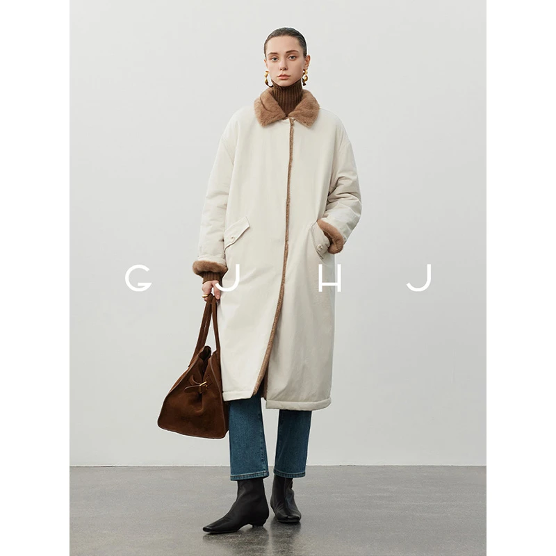 gjhj静奢老钱风 质感复古环保皮草外套女 保暖加长款拼色翻领棉服