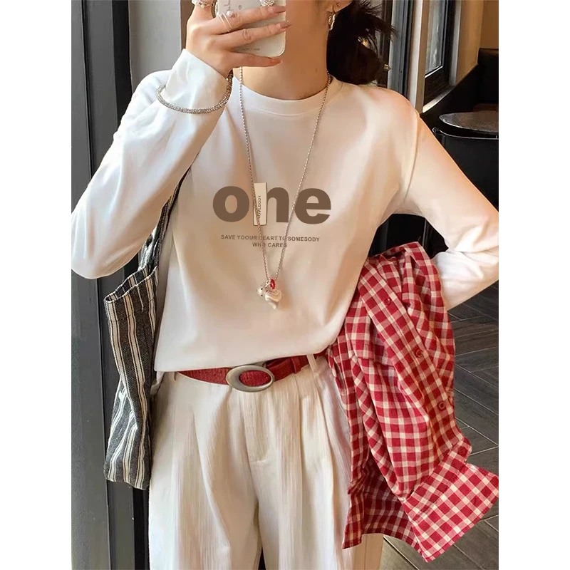 螺纹正肩纯棉长袖t恤女装ins简约时尚百搭白色内搭打底衫上衣秋季