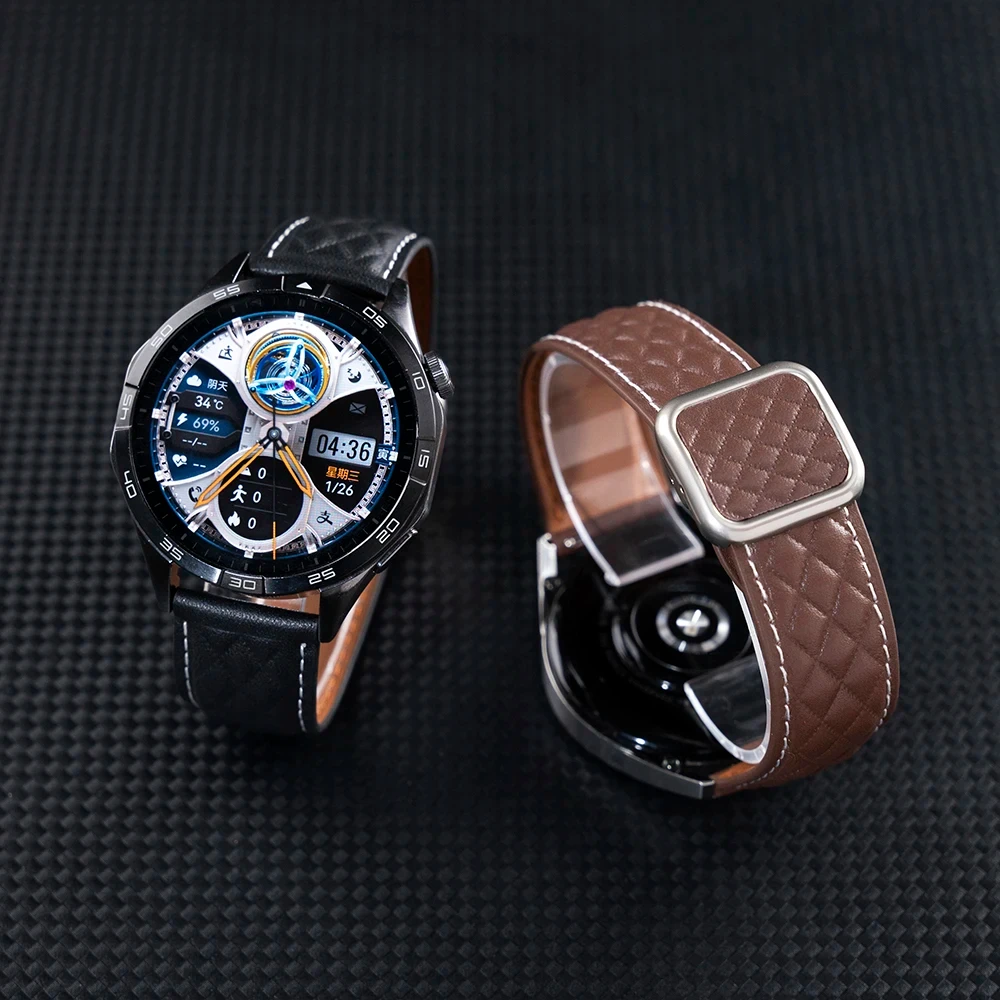 适用华为GT5真皮表带Watch5/4pro菱形男女GT6高颜值磁吸扣GT4/GT3