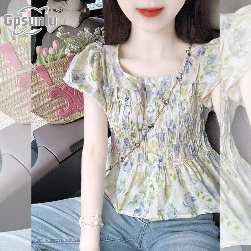 gpsunlu法式甜美碎花短袖衬衫女夏季收腰夏季卡腰泡泡袖女士衬衫