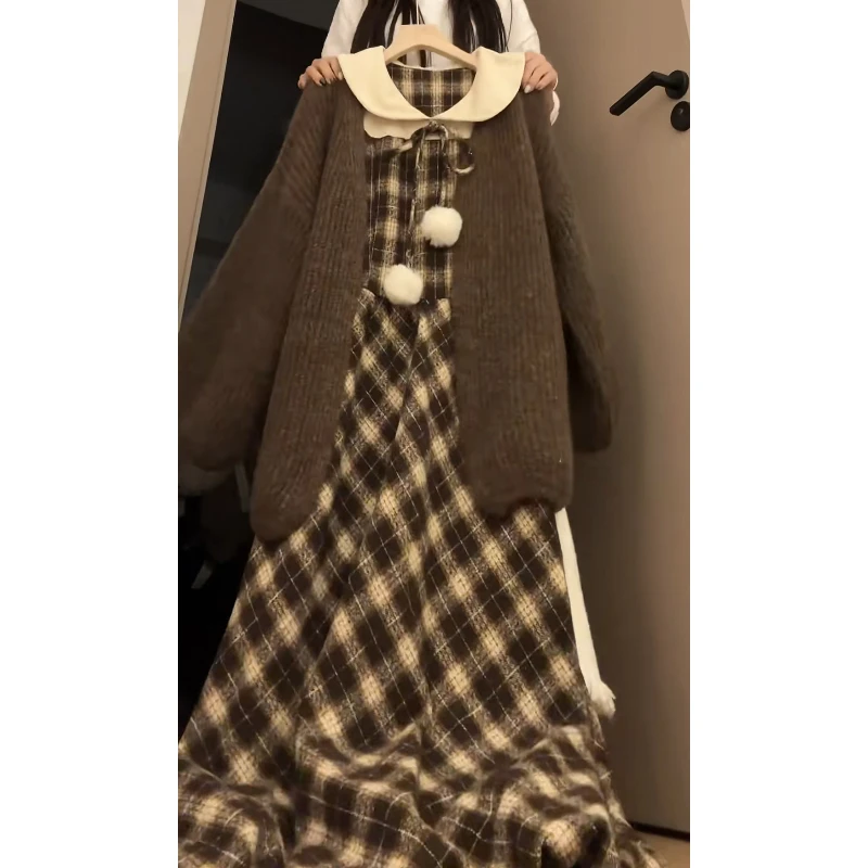 2025秋冬新款韩系温柔学院风甜美针织衫百搭假两件连衣裙套装显瘦