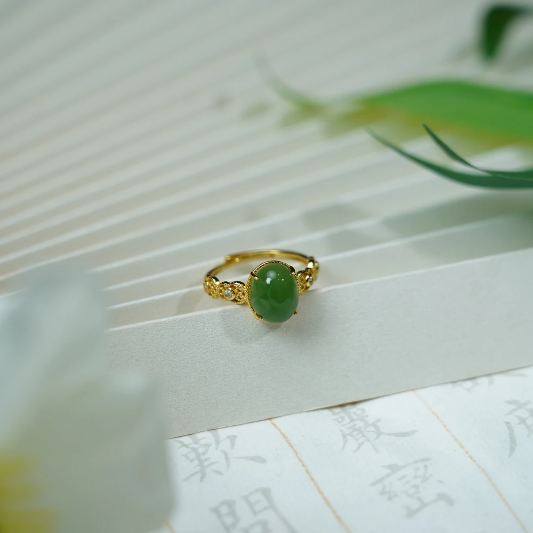 【缺货】S925和田玉碧玉蛋面戒指 10*7*3 FEB0064