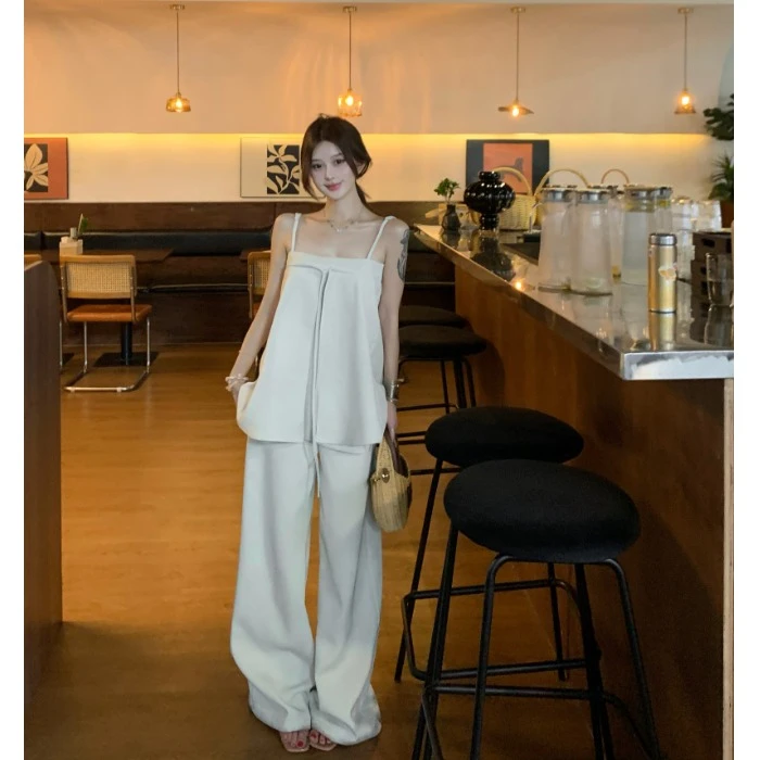 法式高级感纯色无袖吊带背心上衣女夏季显瘦垂感休闲裤长裤两件套