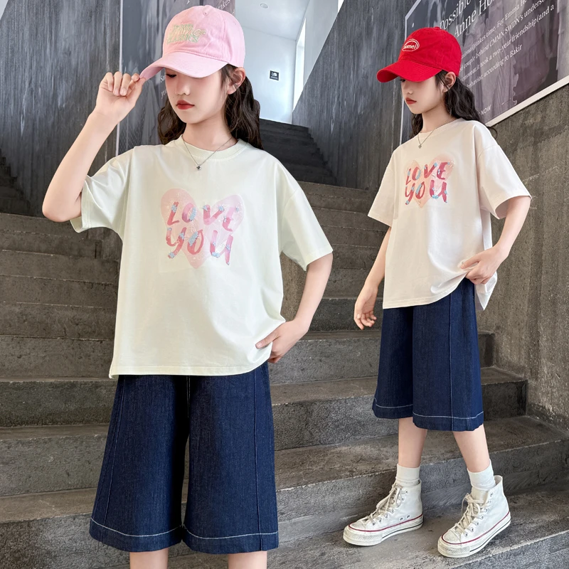 女童夏装套装2025新款洋气中大儿童宽松短袖T恤夏季休闲牛仔中裤