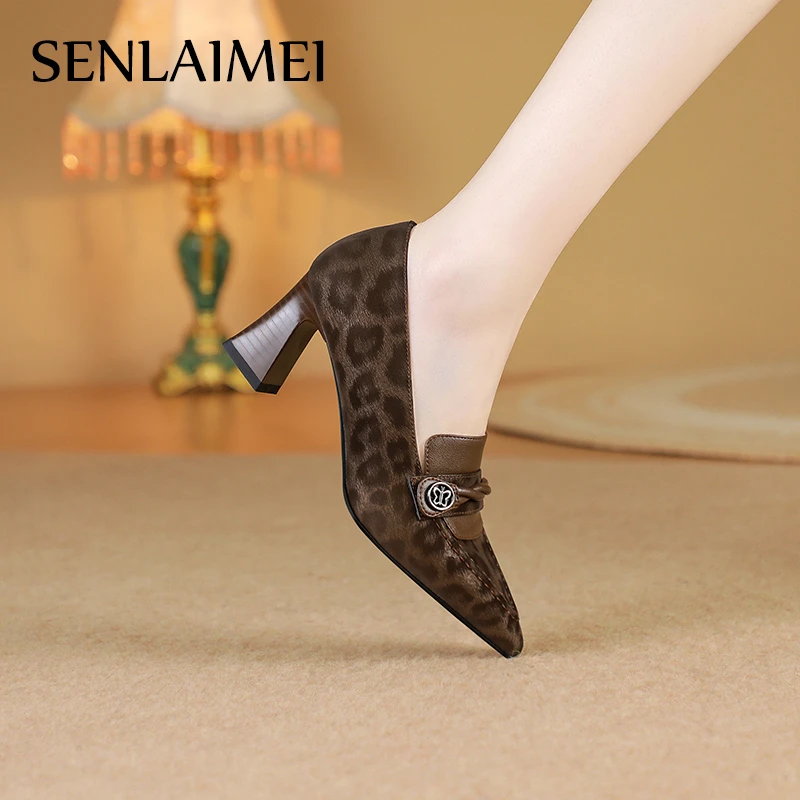 SLM春季新款9028/牛皮33/41粗跟尖头中口单鞋高跟气质豹纹皮鞋女