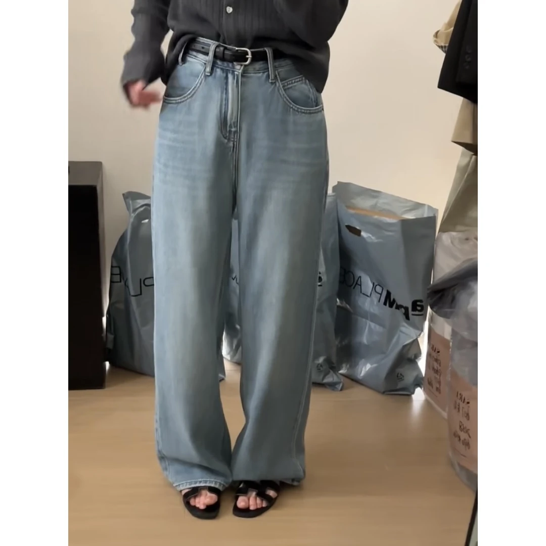 8700#韩系简约高腰宽松直筒阔腿牛仔裤