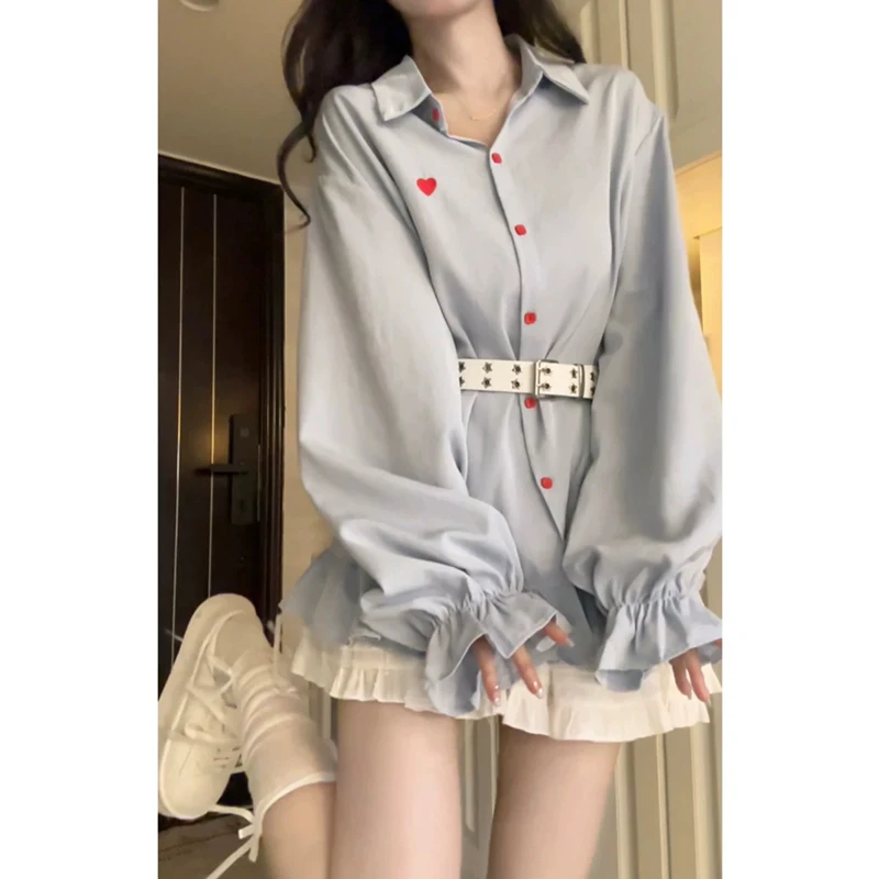 【3071】爱心刺绣花边长袖蓝色衬衫女新款宽松上衣半身裙短裙套装