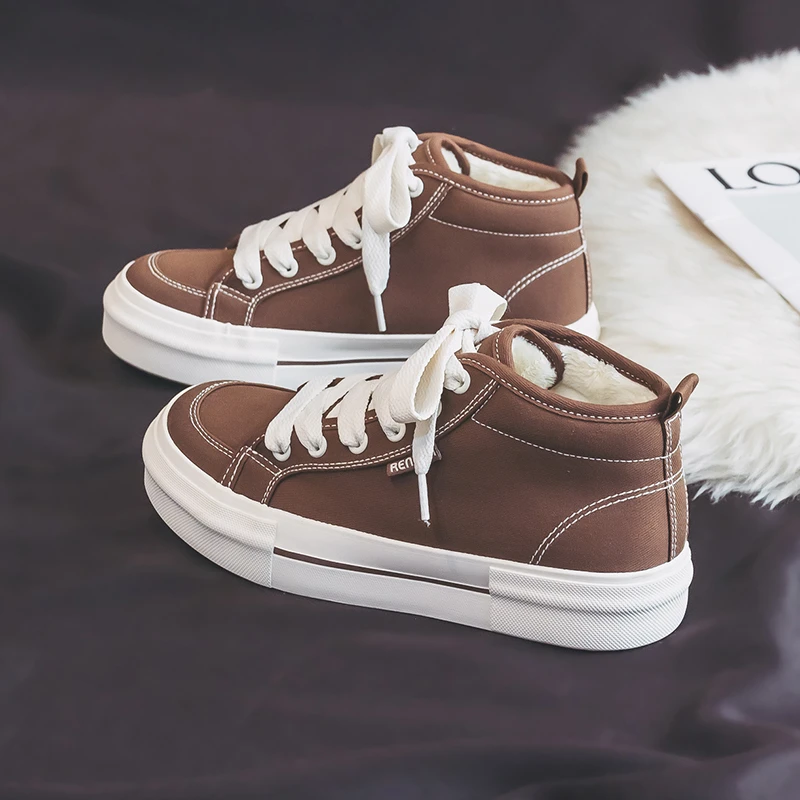 人本冬季加绒保暖帆布棉鞋女休闲平底高筒板鞋学生百搭棉靴短靴子