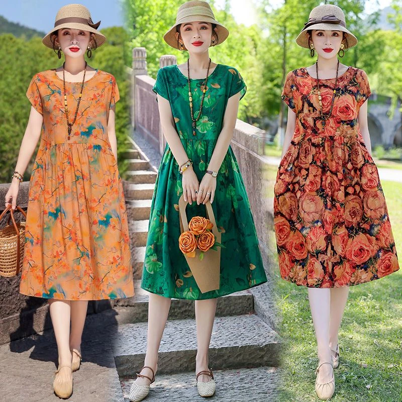 中老年妈妈棉绸碎花连衣裙夏季短袖宽松大码显瘦裙子新款气质长裙