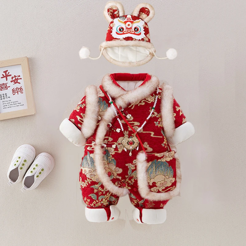 婴儿拜年服宝宝冬装新生儿棉服连体衣百天周岁过年婴儿加厚连体衣