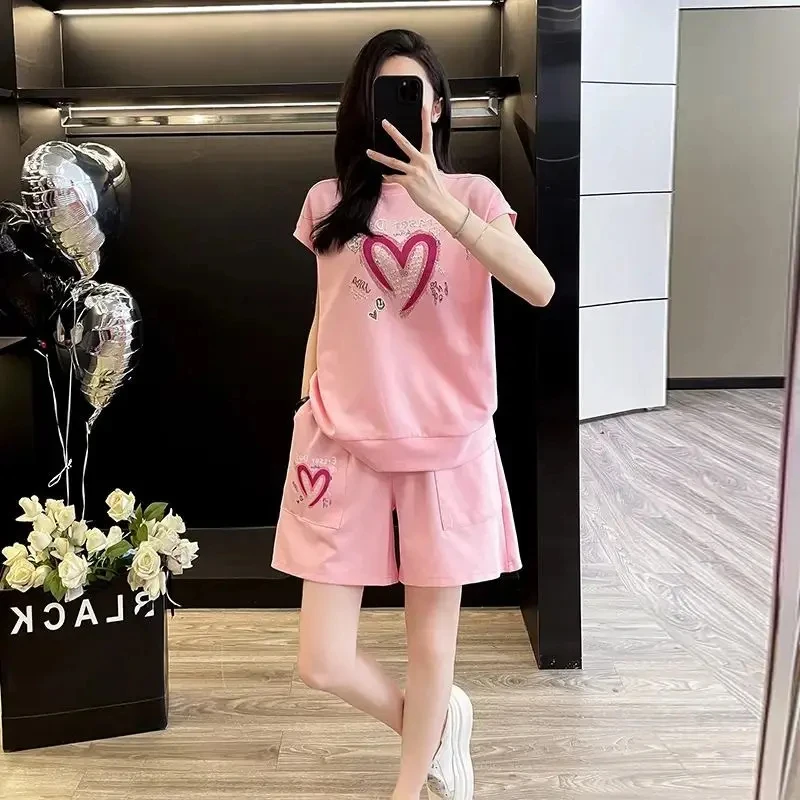 【满钻粉色爱心】 高端定制短袖短裤夏季套装·两件套休闲7813#