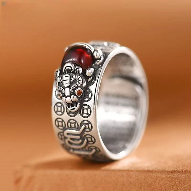 925银戒指 纯银貔貅男士戒指民族风小众设计开口可调节复古送礼物