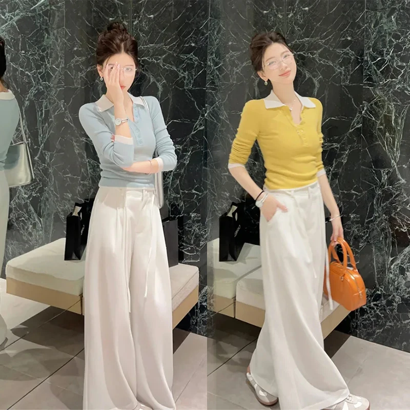 法式高级感黄色polo领上衣春秋装新款修身宽松阔腿裤设计感两件套