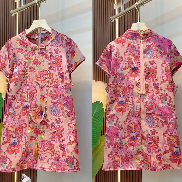 大码圆领斜襟碎花短袖禅意风上衣夏季新款国风遮肉气质百搭女装潮