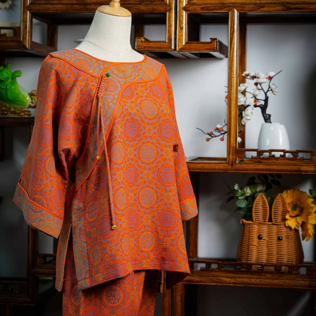 南湘橘色新中式国风色织双层纱纯棉睡衣家居服两件套四季款可外穿