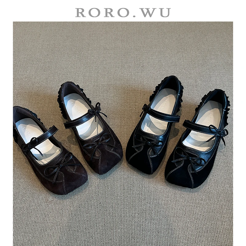 娆娆吴·羊反绒法式宫廷风蝴蝶结一字扣精致魔术贴百搭单鞋A165