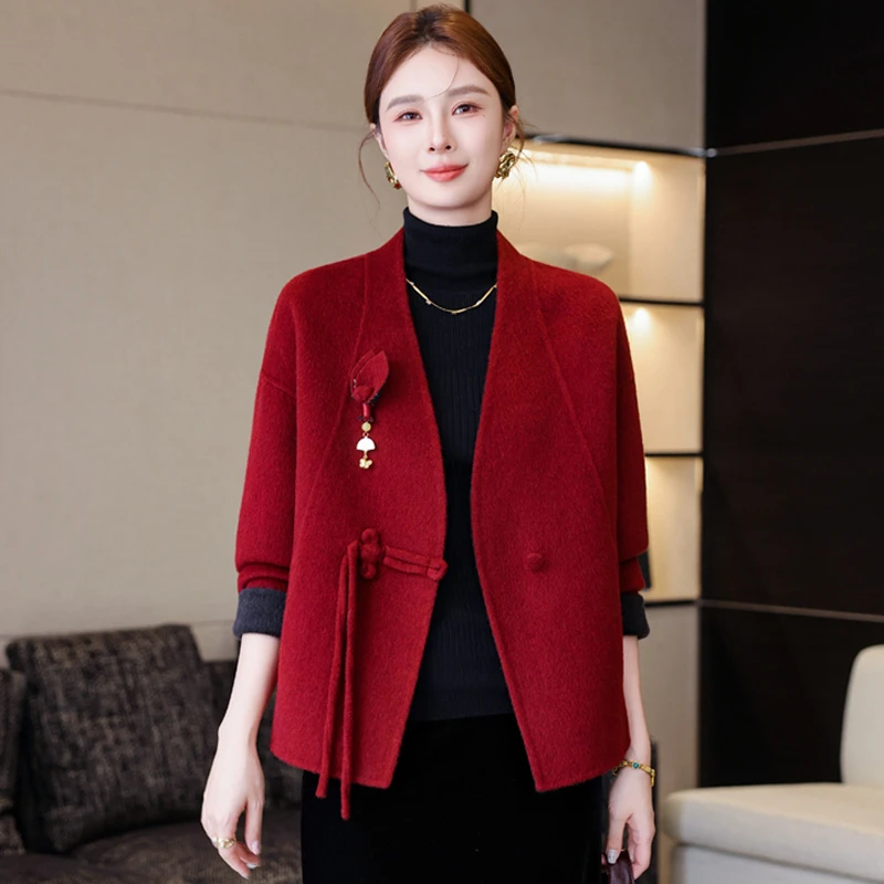 高端双面羊毛大衣女士短款2025年秋冬款新中式纯羊毛呢子外套宽松