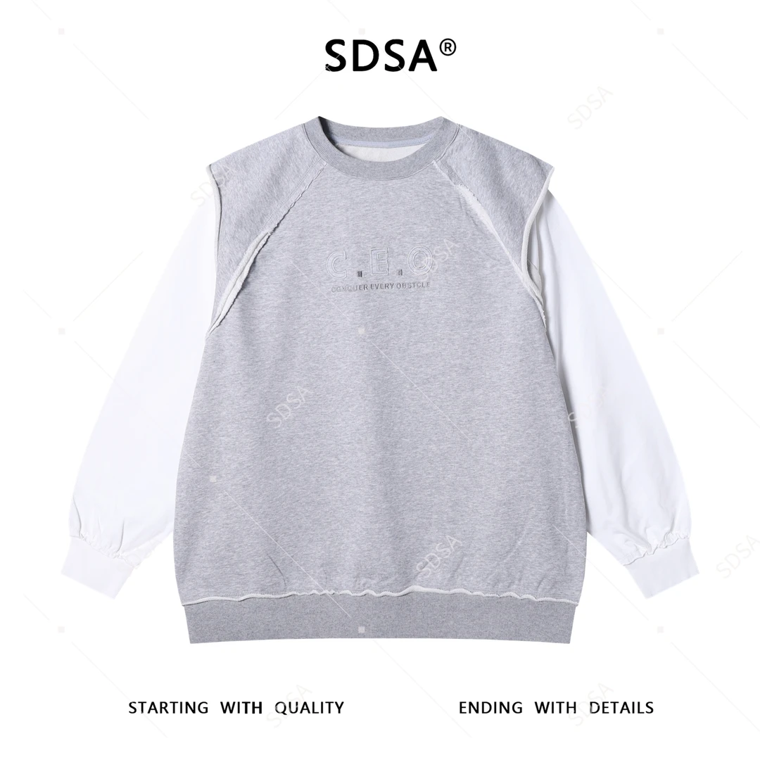 SDSA男士秋冬新款痞帅男装设计感假两件拼接长袖T恤刺绣字母上衣