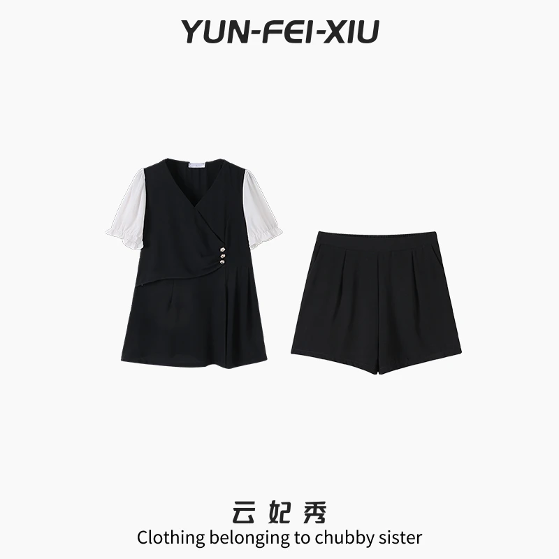 云妃秀大码女装套装休闲时尚胖妹妹显瘦上衣裙子两件套夏9950AB