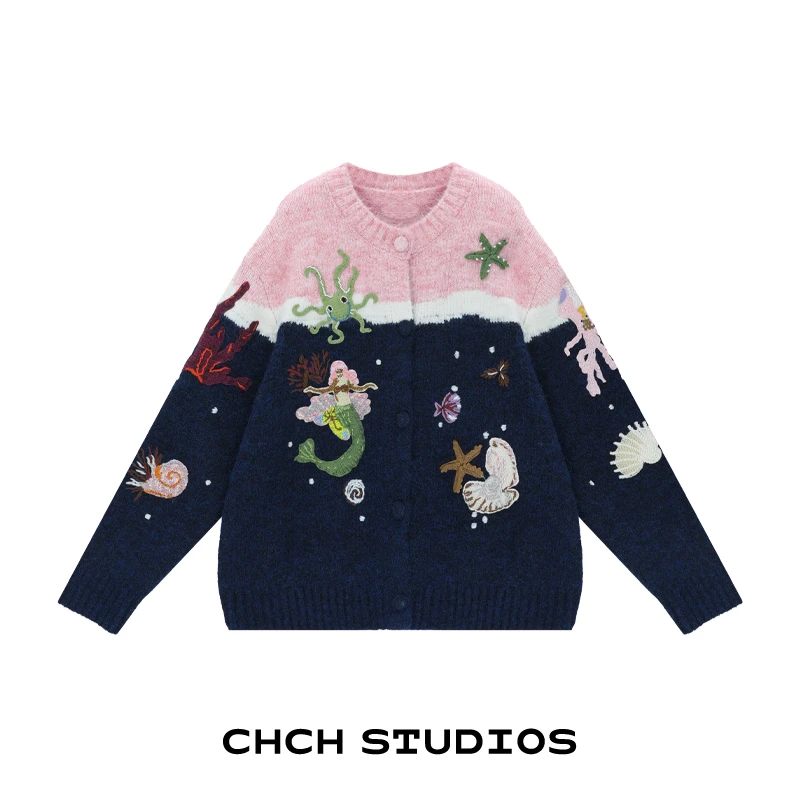 RAKS124082时尚美人鱼提花刺绣毛针织开衫女2025年冬撞色长袖毛衣