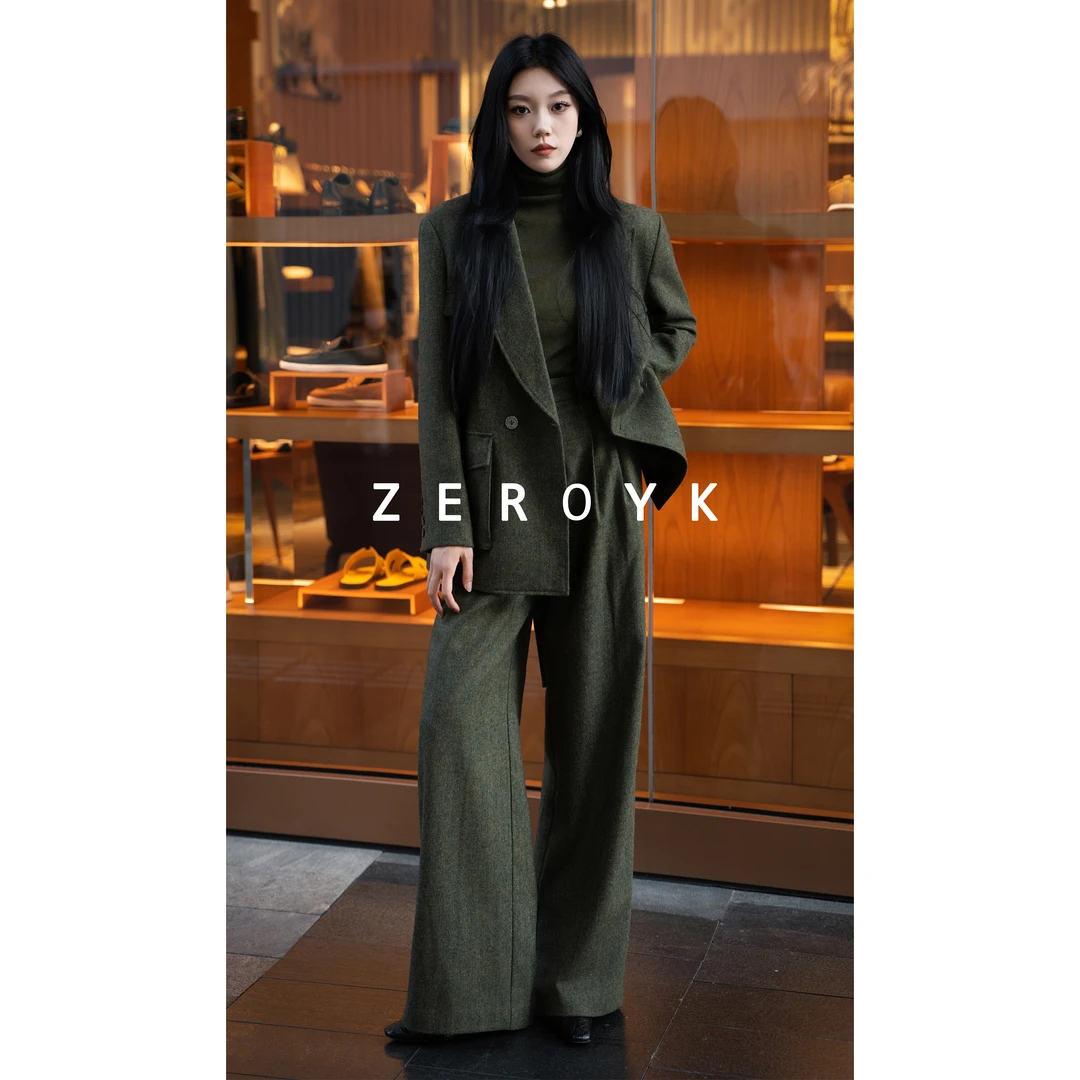 ZEROYK城市通勤定制职业套装高级感羊毛混纺西服阔腿裤气质两件套