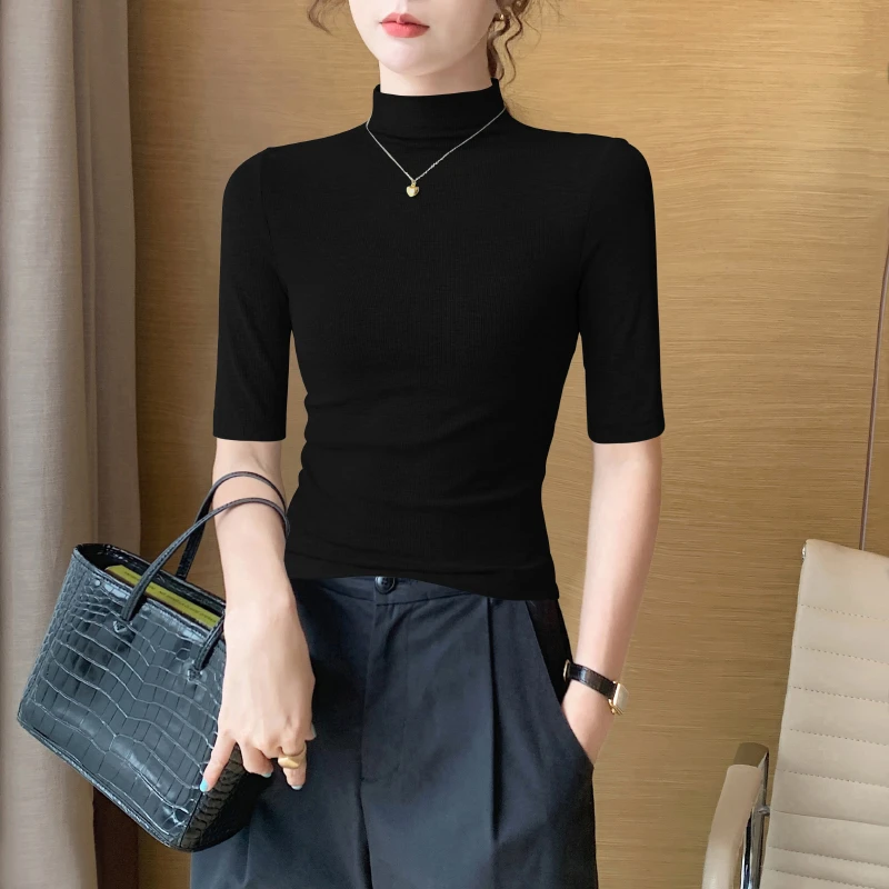 黑色高领中袖打底衫t恤女春秋季穿搭2025新款修身高级感内搭上衣