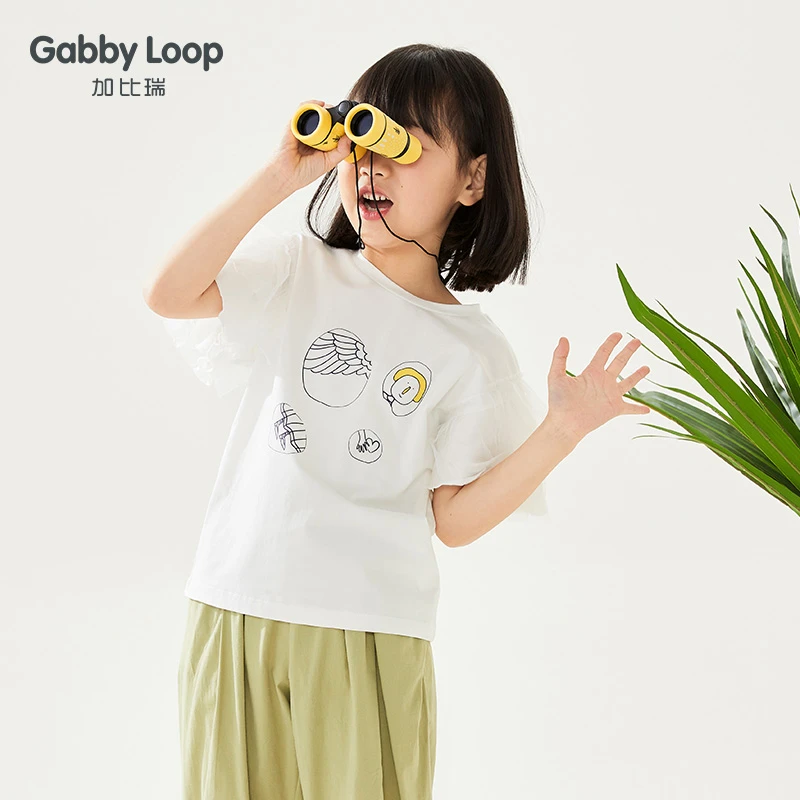 加比瑞童装 女童夏季短袖T恤衫圆领网纱拼接T百搭上衣GTD12077