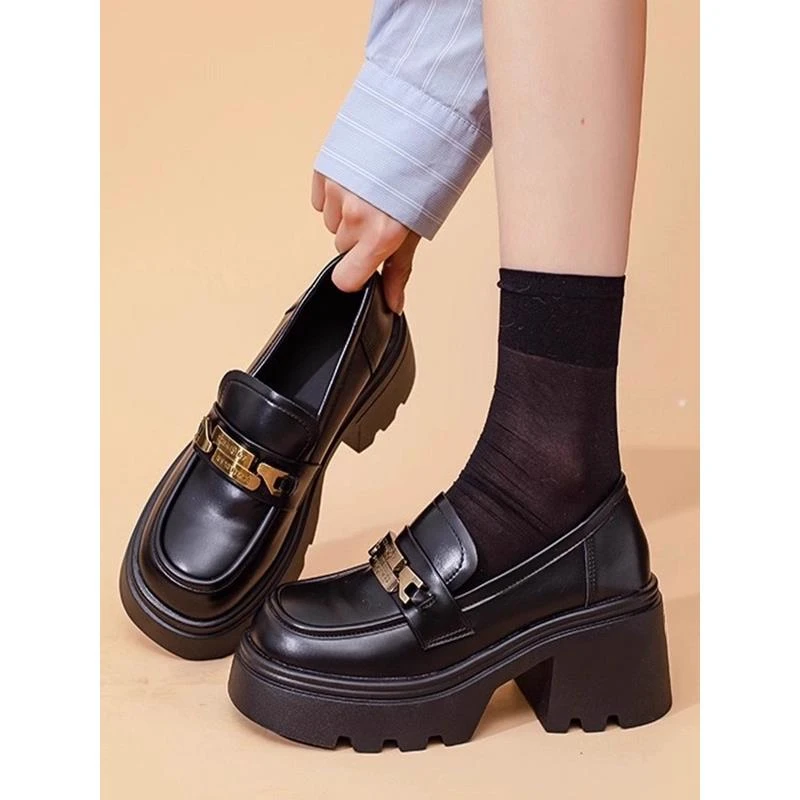 厚底乐福鞋女2025春秋季英伦风黑色小皮鞋配裙子一脚蹬懒人jk单鞋